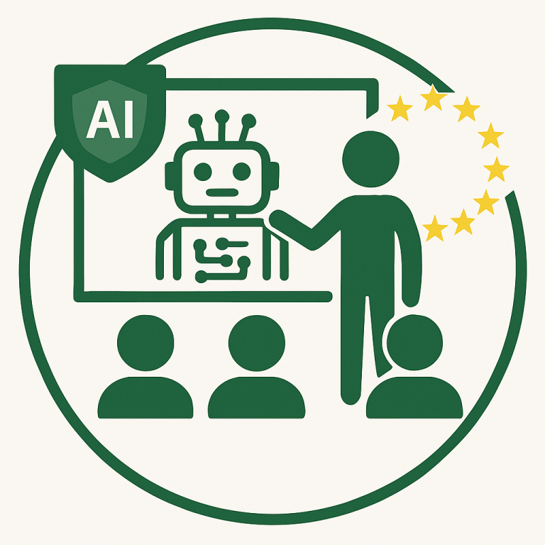 Icon: Vortrag über KI-Roboter mit EU-Sternen – Symbol für EU-KI-Schulung