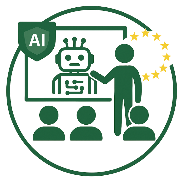 Icon: Vortrag über KI-Roboter mit EU-Sternen – Symbol für EU-KI-Schulung.